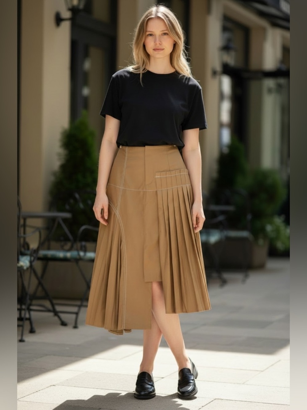 Beulah Tan Pleated Midi Skirt